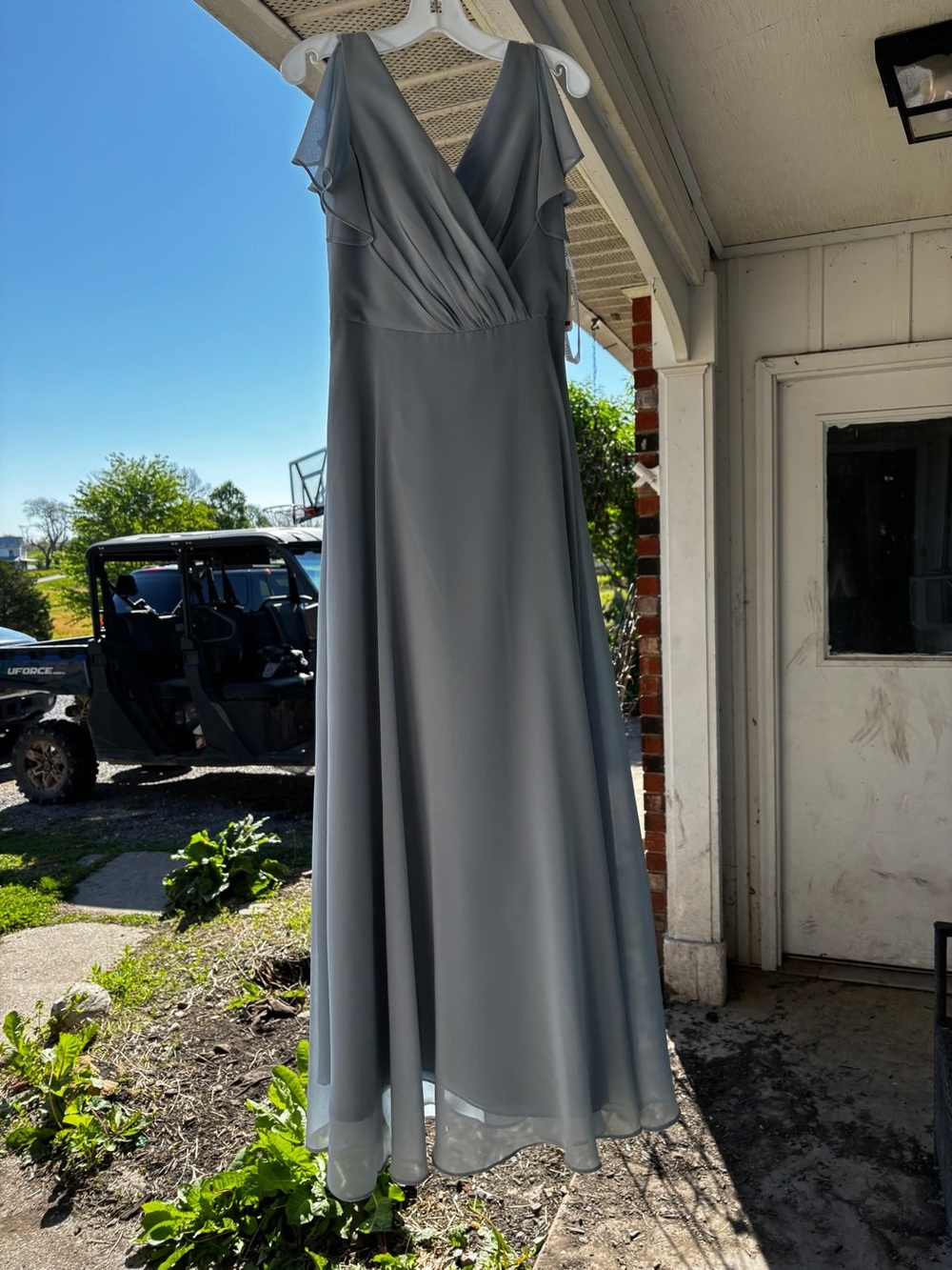 David's Bridal Dusty Blue Chiffon V‑Neck Maxi Dress, Jr Bridesmaid